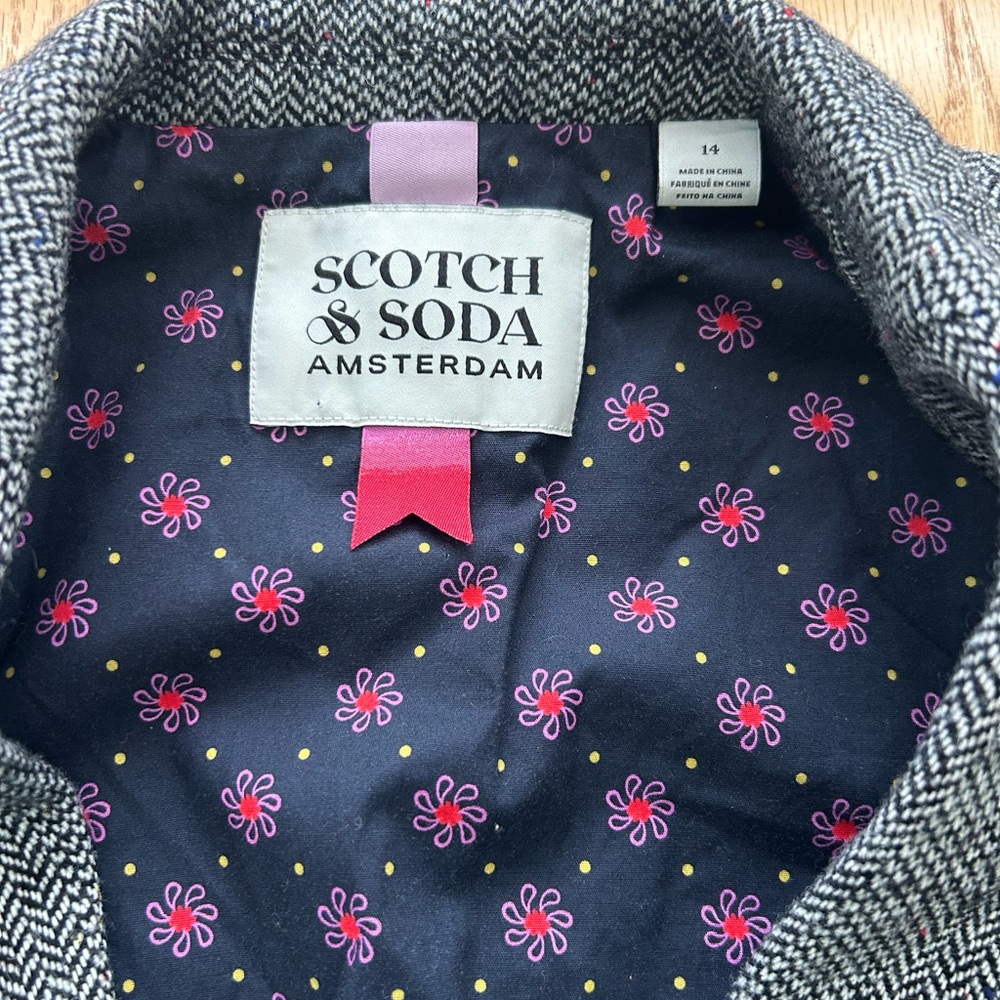 Scotch & Soda Girls Sz 14 Wool Blend Herringbone Tweed Blazer Jacket Pink Floral - Picture 4 of 10